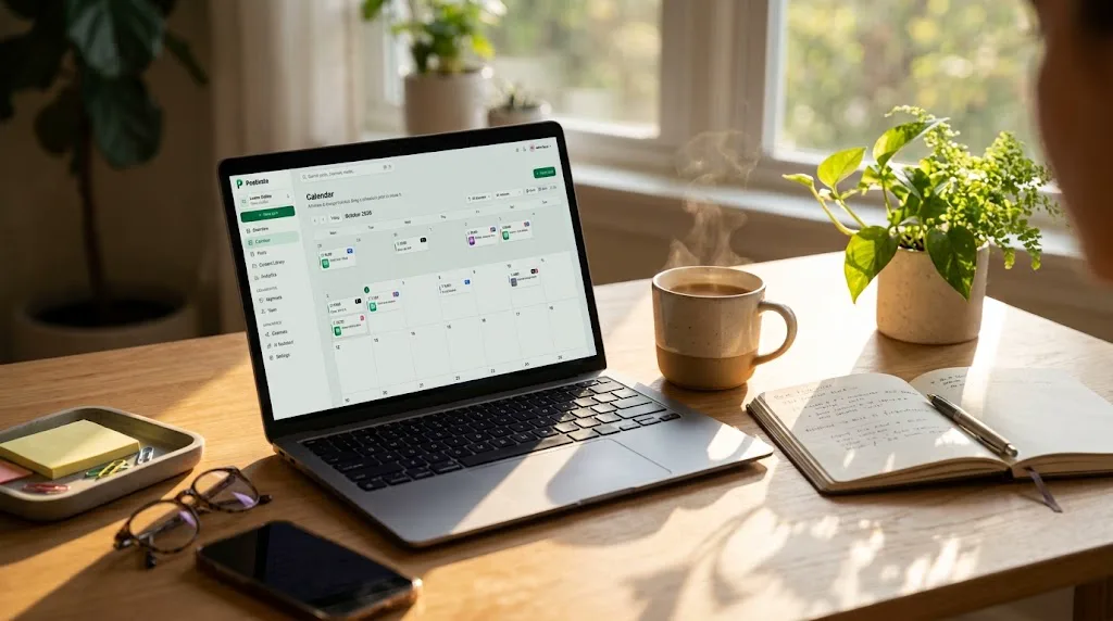Generated in Postivate: a laptop showing a content calendar on a wooden desk in morning light, with a coffee, a plant and a notebook.